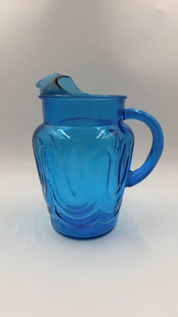 Vintage Aqua Blue Glass Ice Lip Pitcher Swag Wave 64 Oz MCM 9.5 Inch